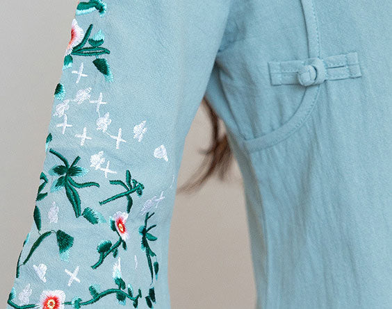 Pink White Embroidered Floral Cheongsam Blouse Top