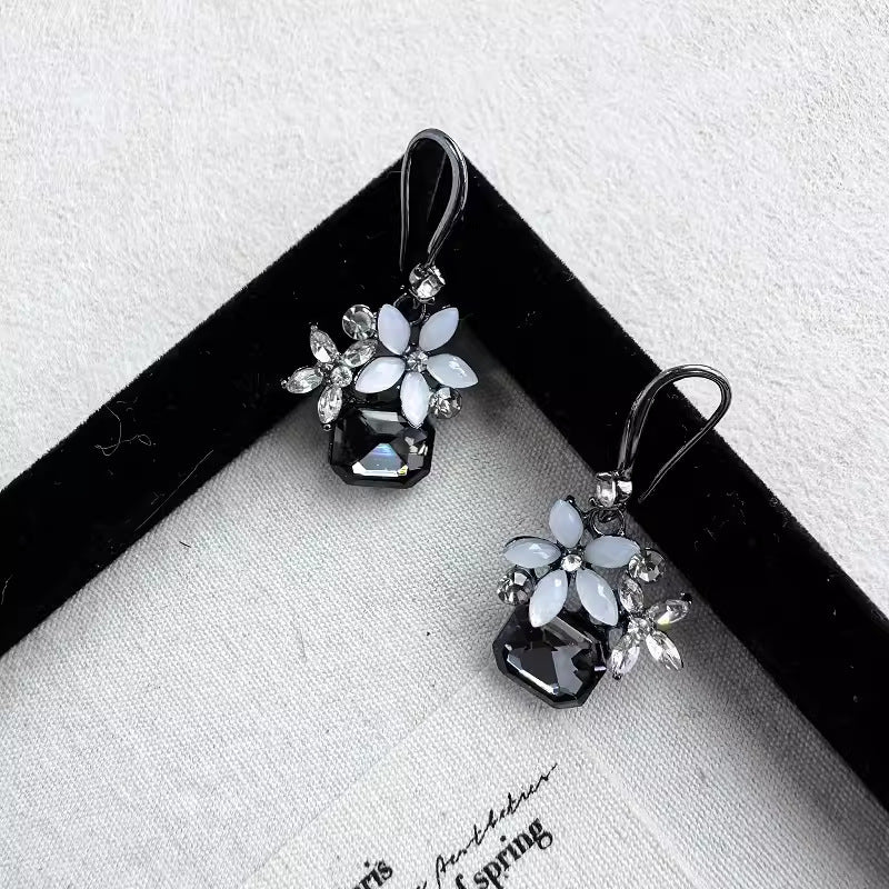 Black Rhinestone Flower Jade Dangle Drop Earrings