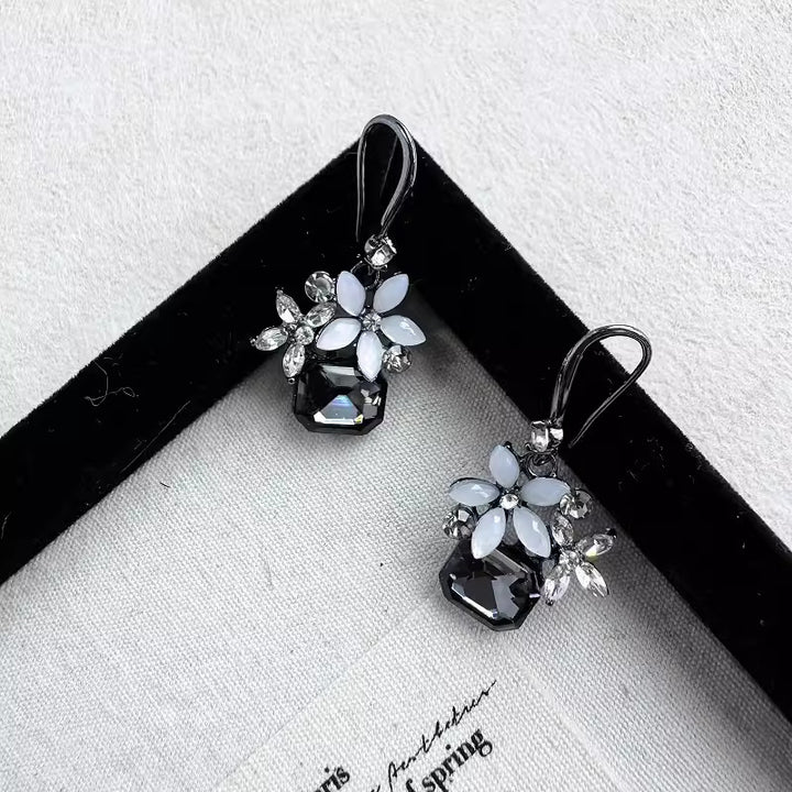 Black Rhinestone Flower Jade Dangle Drop Earrings