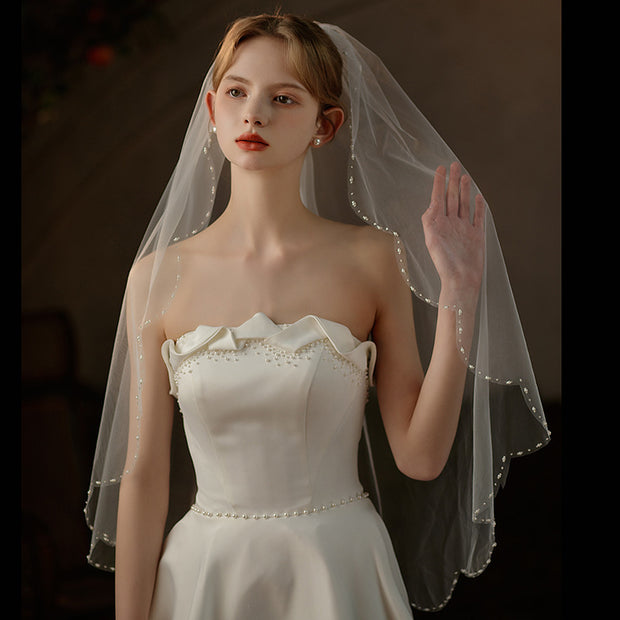 One Tier Tulle Wedding Bridal Pearls Veil With Comb