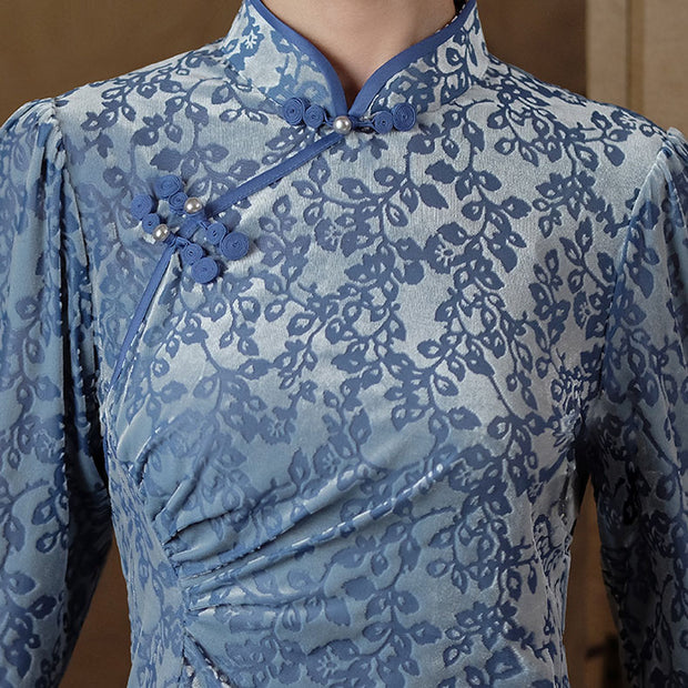 Blue Floral Velvet Irregular Cheongsam Blouse Top