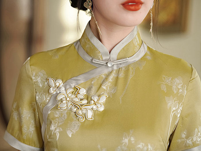 Blue Yellow Jacquard Floral Maxi Cheongsam Qipao Dress