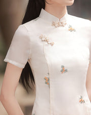 Beige Embroidered Mid A-Line Cheongsam Qipao Dress