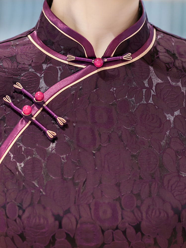 Purple Jacquard Floral Silk Qipao Cheongsam Dress