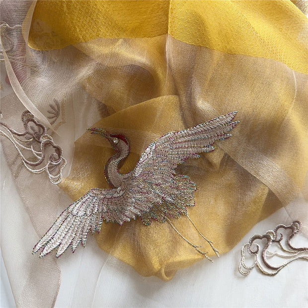 Embroidered Crane Bird Mulberry Silk Women Scarf Shawl