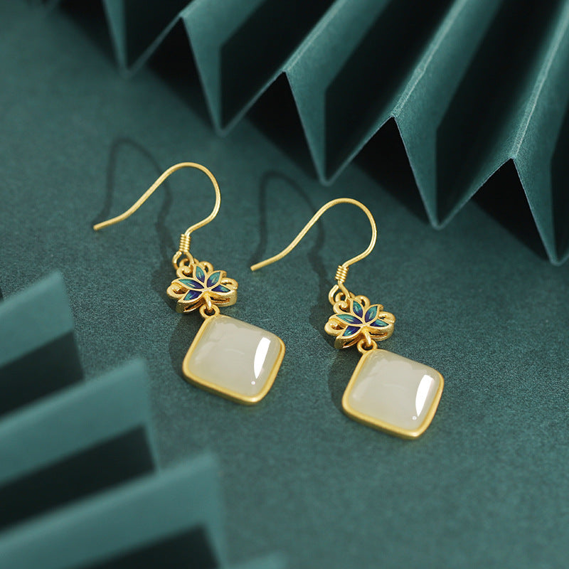 Gold Plated Lotus Jade Drop Dangle Earrings