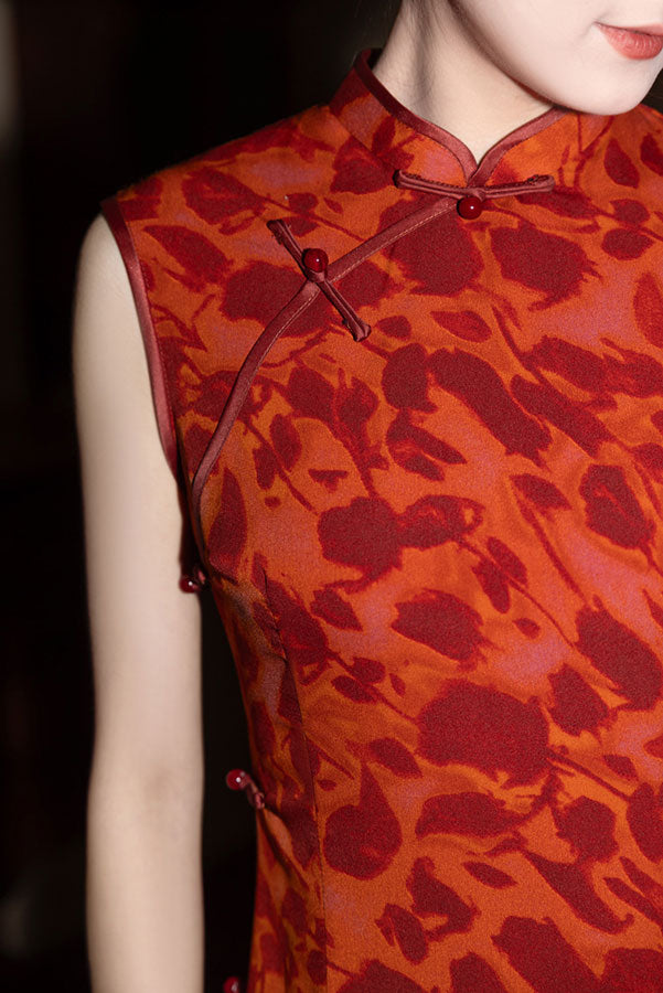 Red Floral Print Cheongsam Qipao Dress