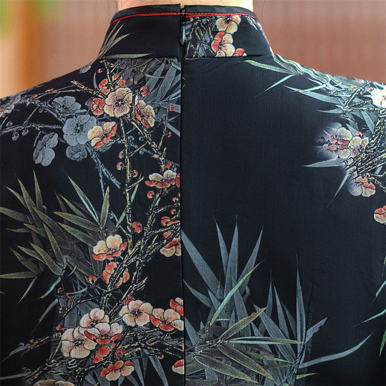 Black Floral Mothers A-Line Cheongsam Qipao Dress