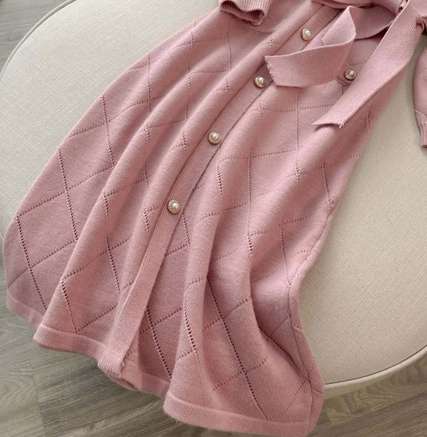 Pink Winter Knit Sweater Belt Midi A-line Dress