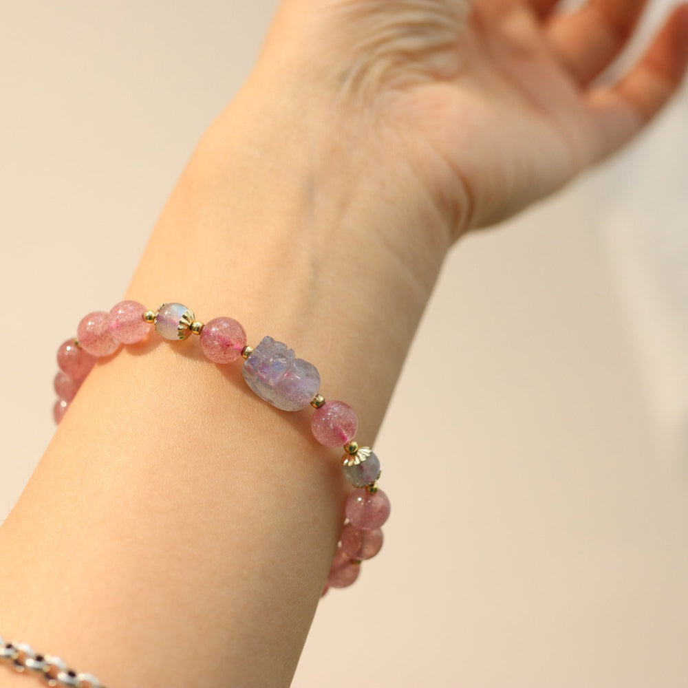 Pink Strawberry Quartz Pixiu Pendant Beads Bracelets