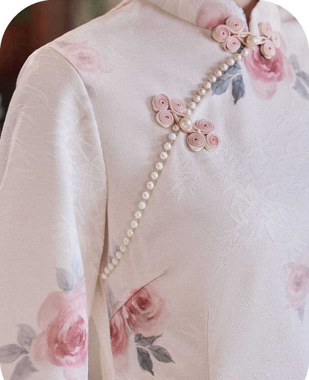 White Floral Bell Sleeve Cheongsam Qipao Dress