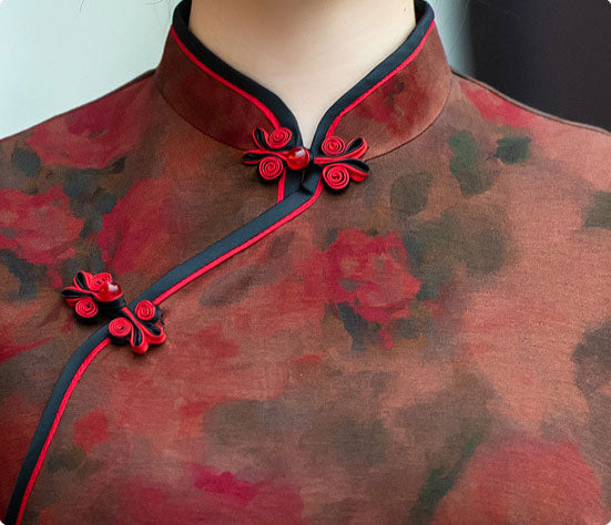 Red Floral Print Mothers Cheongsam Blouse Top