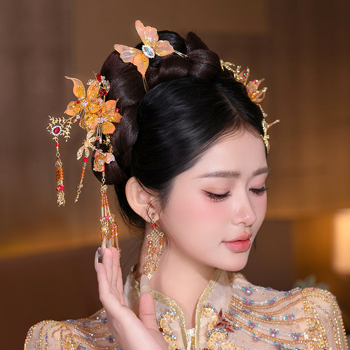 5 Pcs Bridal Orange Flower Butterfly Hairpins Clips & Earrings