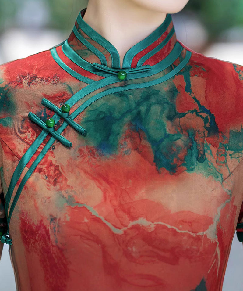 Sunset Red Print Silk Mothers Maxi Qipao Cheongsam Dress