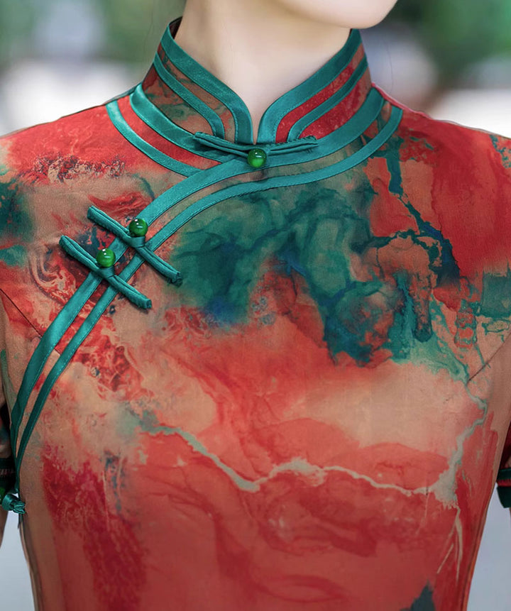 Sunset Red Print Silk Mothers Maxi Qipao Cheongsam Dress