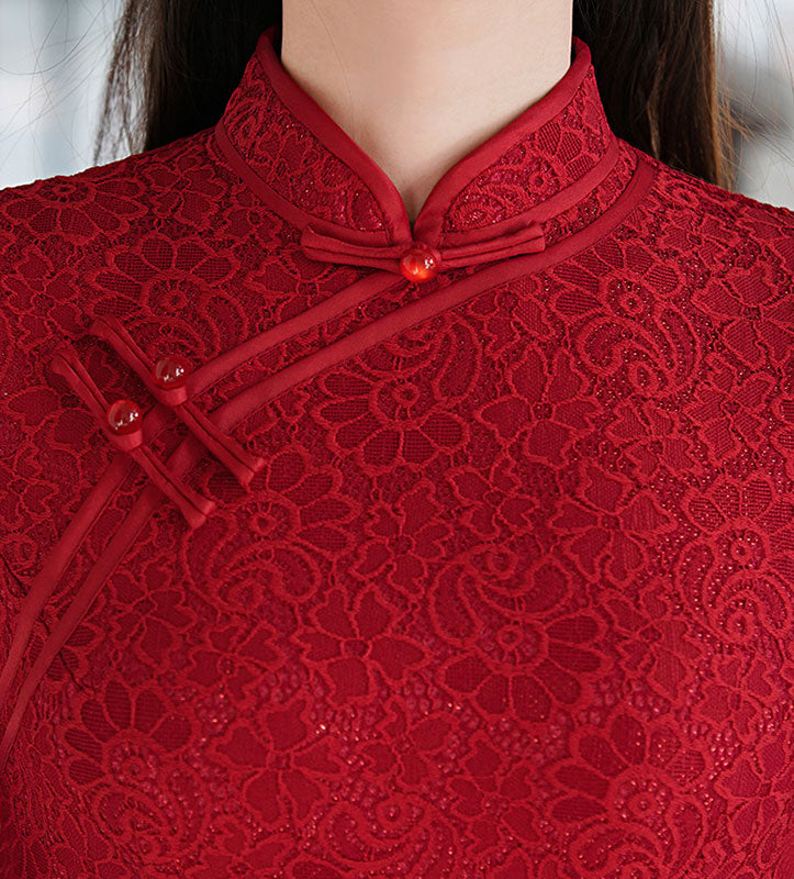 Wine Red Lace Half Sleeve Modern Qipao Cheongsam Party Dress