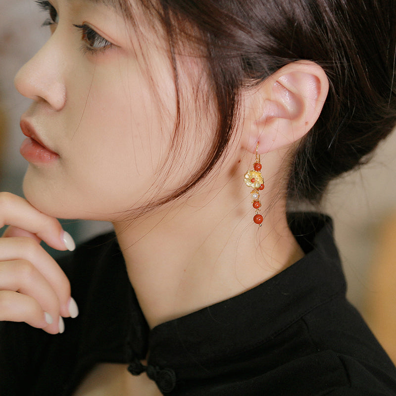 Pearls Agate Alloy Flower Dangle Clip-on Hook Earrings