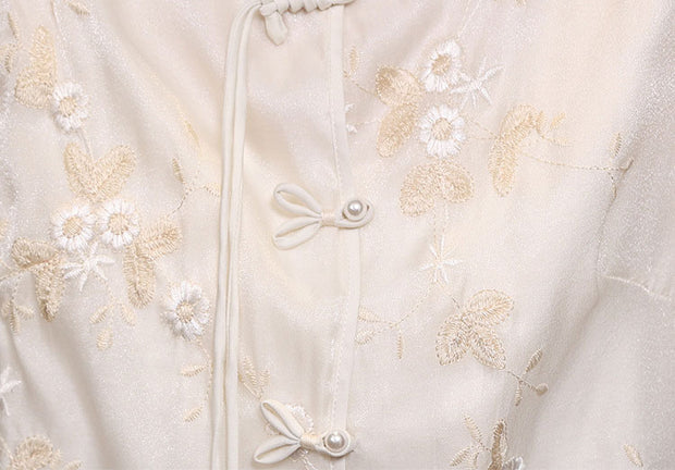 Pink Beige Embroidered Floral Cheongsam Blouse Shirt