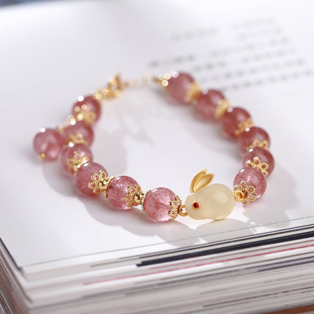 Pink Strawberry Quartz Zodiac Rabbit Beads Bracelets