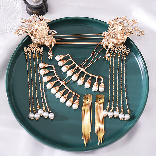 4 Pcs Bridal Wedding Alloy Pearls Hairpins Clips & Earrings