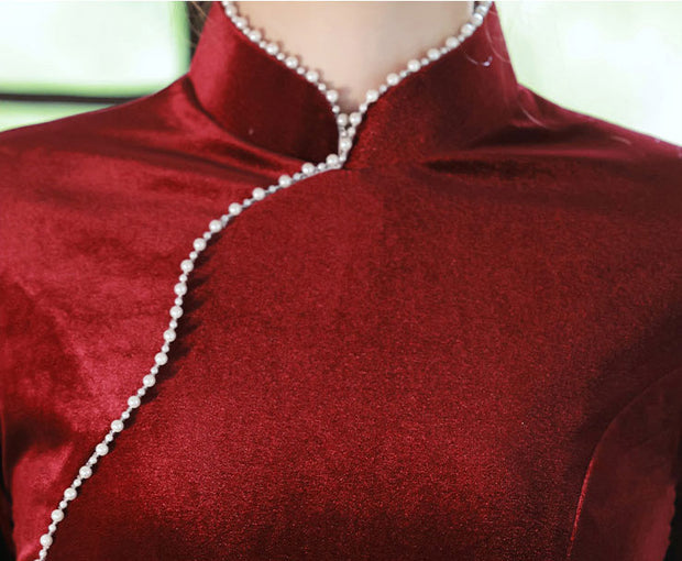 Red Beads Mothers Velvet Cheongsam Qipao Dress