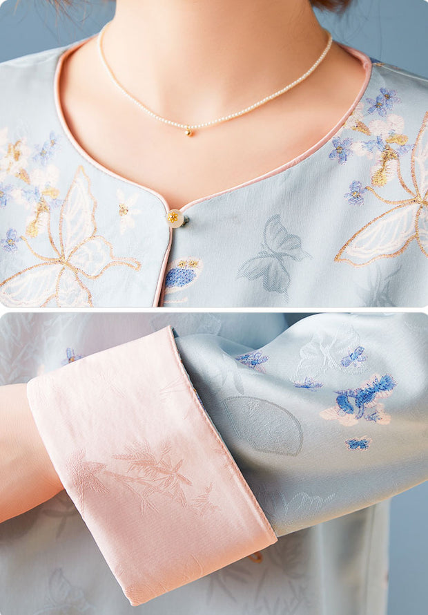Blue Pink Embroidered Cheongsam Jacket Blouse