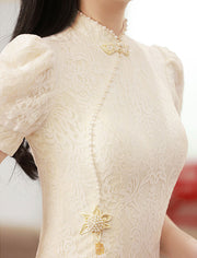 White Lace Midi Fishtail Wedding Cheongsam Qipao Dress