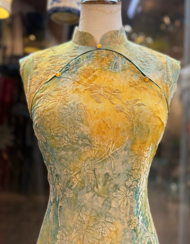Green Pink Jacquard Floral Velvet Cheongsam Qipao Dress