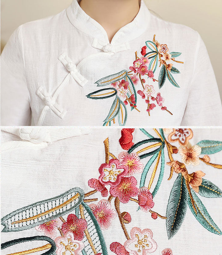 Red White Embroidered Linen Cheongsam Blouse Top