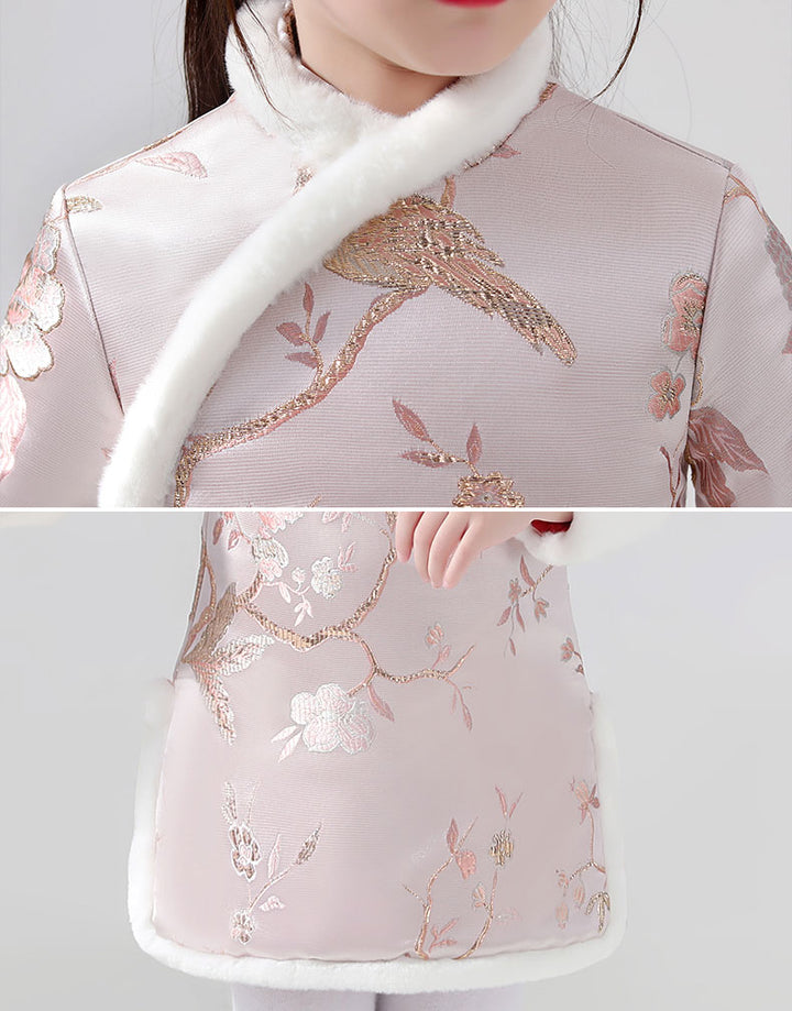 Pink Jacquard Kids Girls Winter Qipao Cheongsam Dress