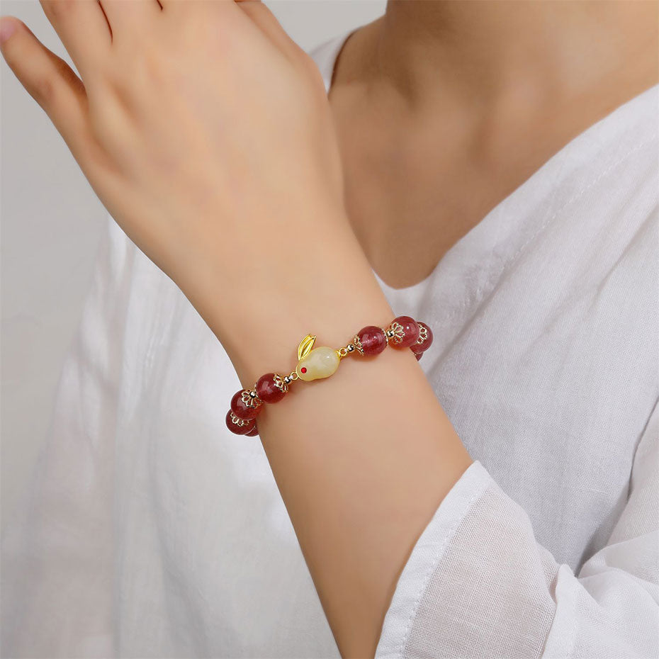 Pink Strawberry Quartz Zodiac Rabbit Beads Bracelets