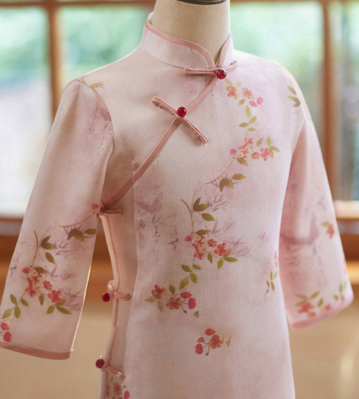 Pink Floral Suede Kids Girls Winter Qipao Cheongsam Dress