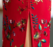 Red Embroidered Lace Midi QiPao Cheongsam Dress