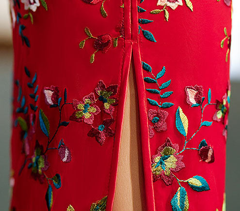 Red Embroidered Lace Midi QiPao Cheongsam Dress