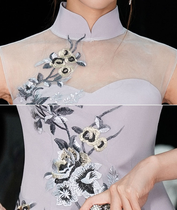 Gray Appliques Thigh Split Fishtail Qipao Cheongsam Dress