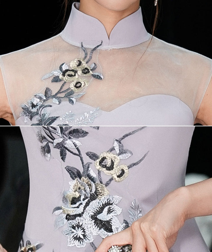 Gray Appliques Thigh Split Fishtail Qipao Cheongsam Dress