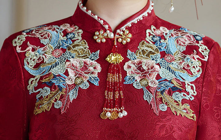 Red Embroidered Winter Bride Wedding Cheongsam Qipao Dress