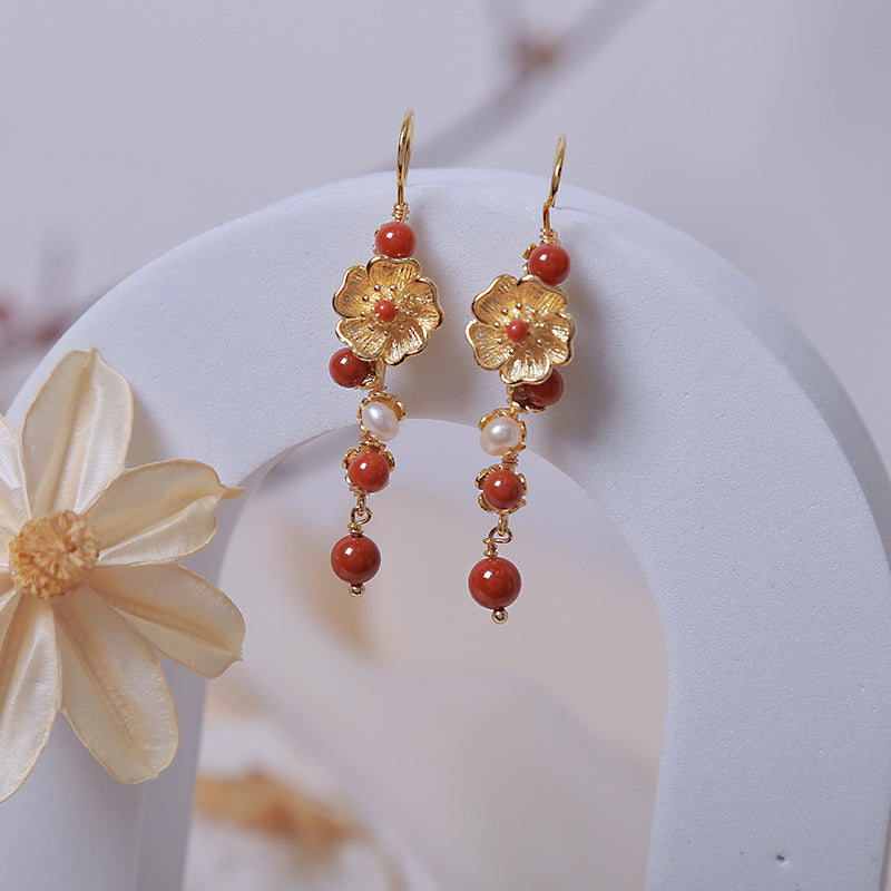 Pearls Agate Alloy Flower Dangle Clip-on Hook Earrings