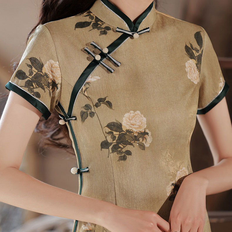 Green Floral Print Midi Cheongsam Qipao Dress