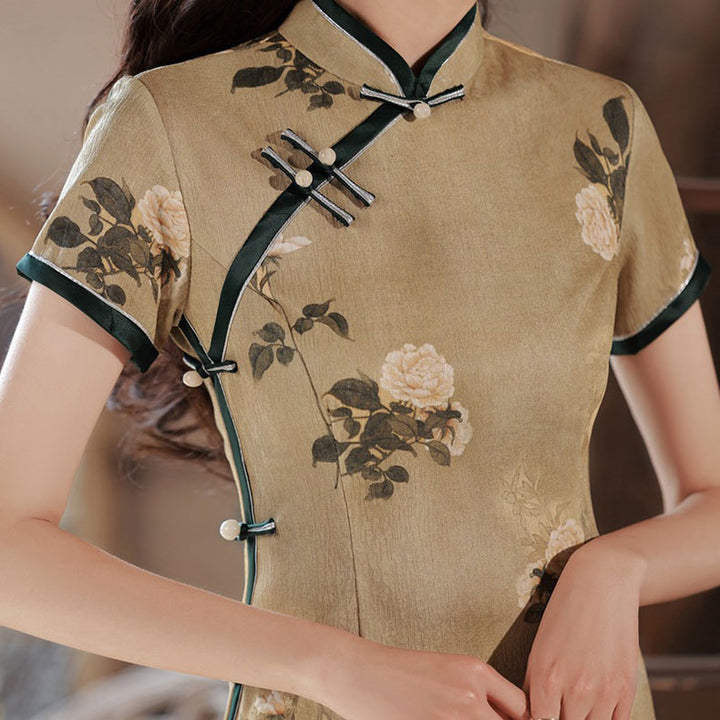 Green Floral Print Midi Cheongsam Qipao Dress