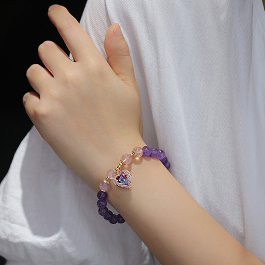 Amethyst Crystal Beads Heart Pendants Woman Bracelets