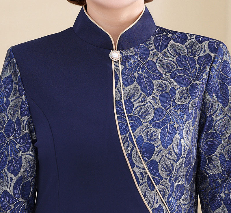 Blue Red Mothers A-Line Winter Cheongsam Qipao Dress