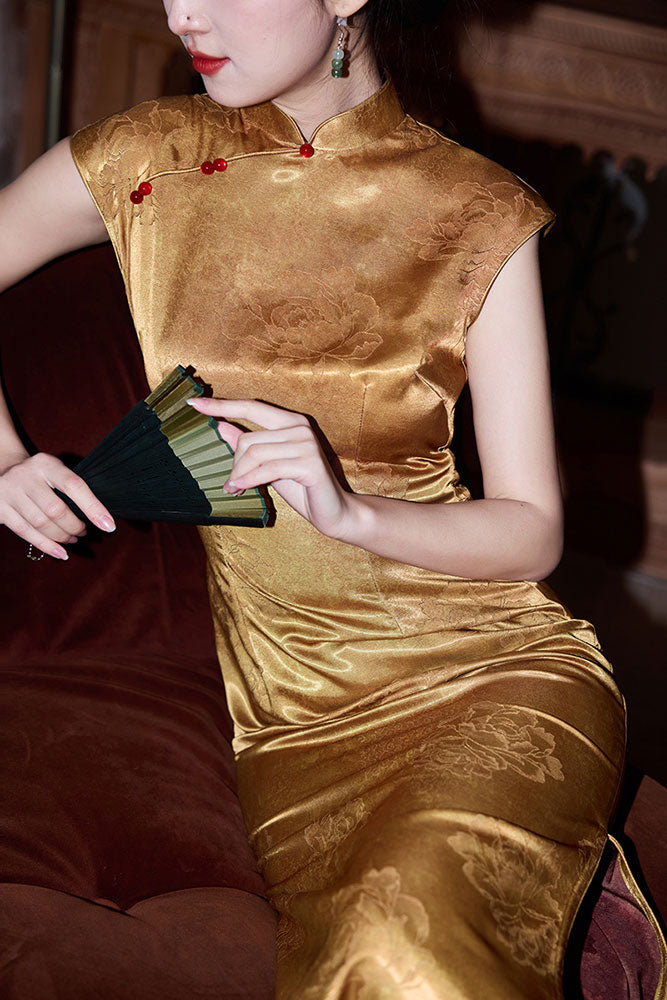 Gold Jacquard Floral Cheongsam Qipao Dress
