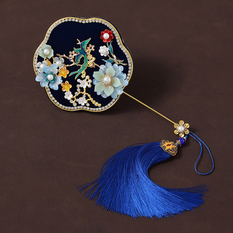 Mini Size Gray Blue Vintage Floral Hand Held Hexapetala Fans