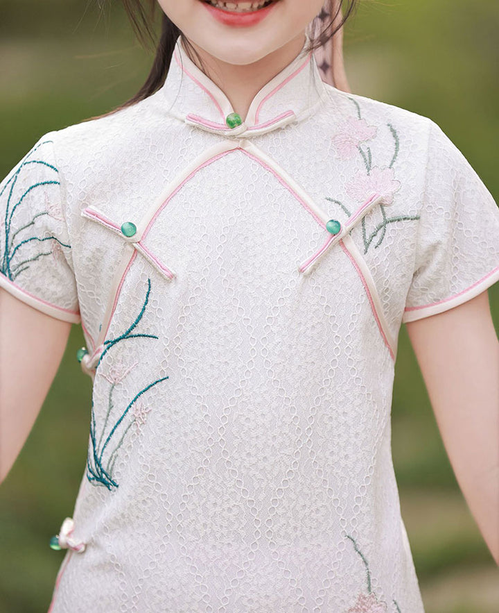 2023 Embroidered Lace Kids Girls Cheongsam Qipao Dress
