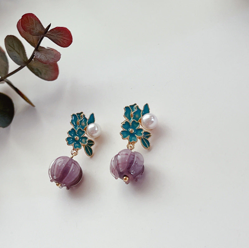 Purple White Glaze Flower Dangle Drop Earrings