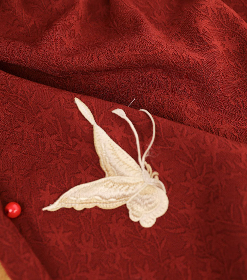 Red Embroidered Winter Long Sleeve New Year Cheongsam Qipao Dress