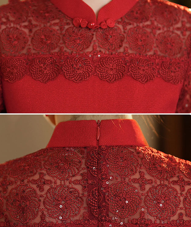 2024 Red Illusion Shoulder Bride Wedding Qipao Cheongsam Dress