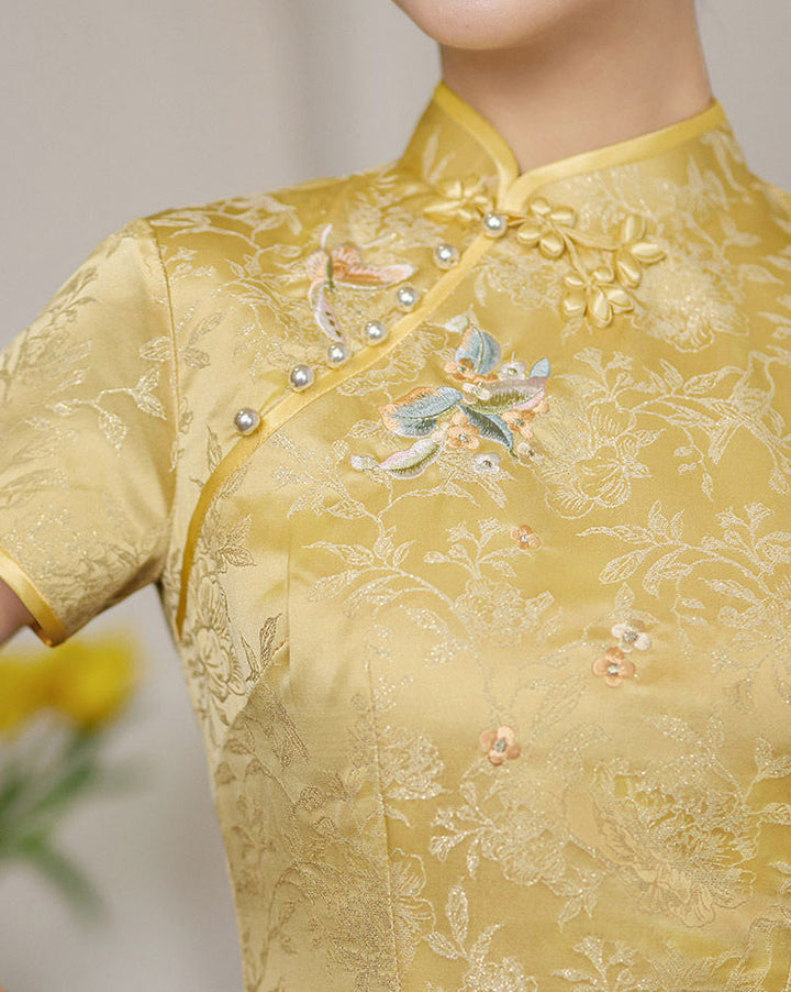 Pink Yellow Jacquard Floral Cheongsam Qipao Dress