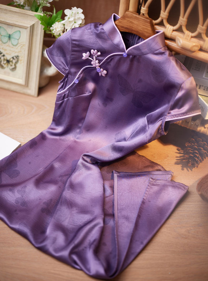 Purple Butterfly Print Cheongsam Qipao Dress